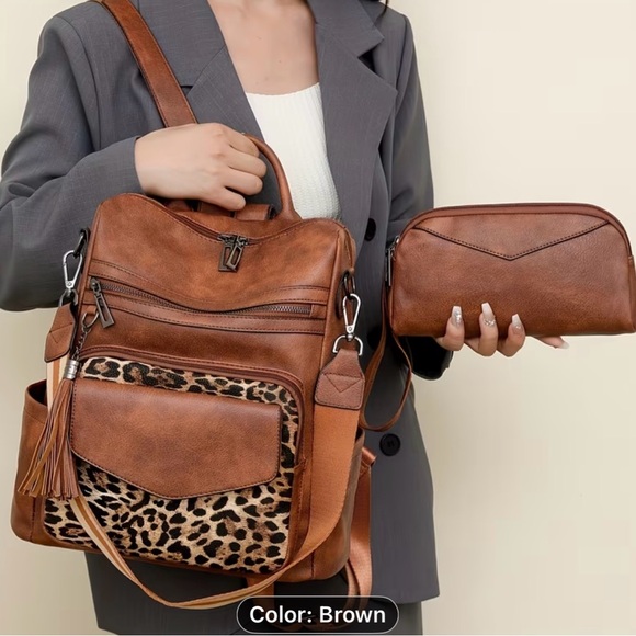 Stylish Brown Retro Leopard Print Women\'s Backpack with purse